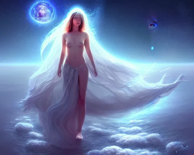 Prompt: a lone beautiful ethereal spirit floating & walking along the shimmering crystalline shores of eternity, universe and planets and stars in the sky, unusual surreal, gorgeous artwork by artgerm, rtukowski, wlop, detailed, dramatic lighting