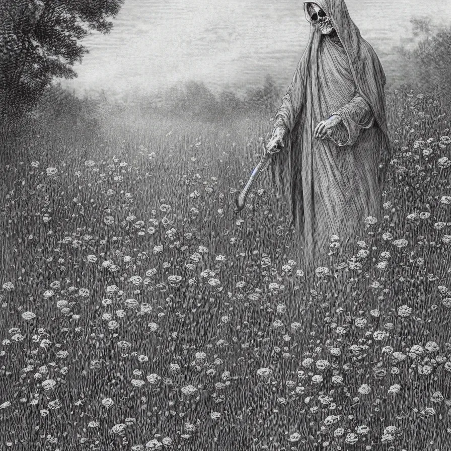 Image similar to grim reaper with no face at distance in beautiful meadow of flowers, detailed pencil illustration by gustave dore, highly detailed, centered, high resolution, smooth, sharp focus, illustration