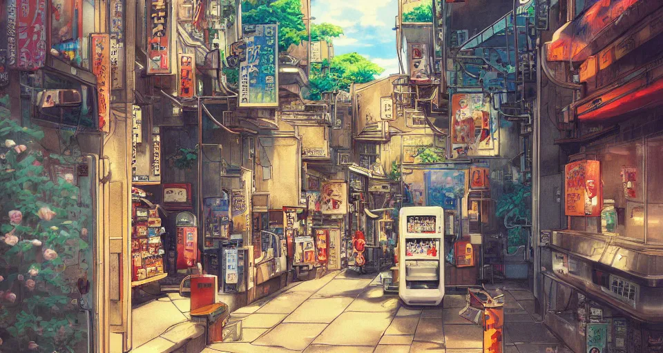 Prompt: beautiful anime painting of tokyo alleyway with vending machine, relaxing summer day, by Hayao Miyazaki. trending on Artstation, 8k, masterpiece, sharp, fine detail, full of color, visually stunning