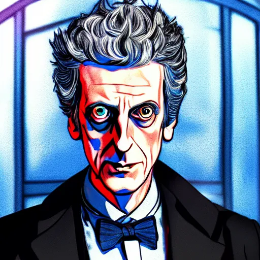 Image similar to peter capaldi, as doctor who, location is inside the TARDIS, anime chibi, by Osamu Tezuka, hyper detailed, hyper realistic, digital art, trending on pixiv