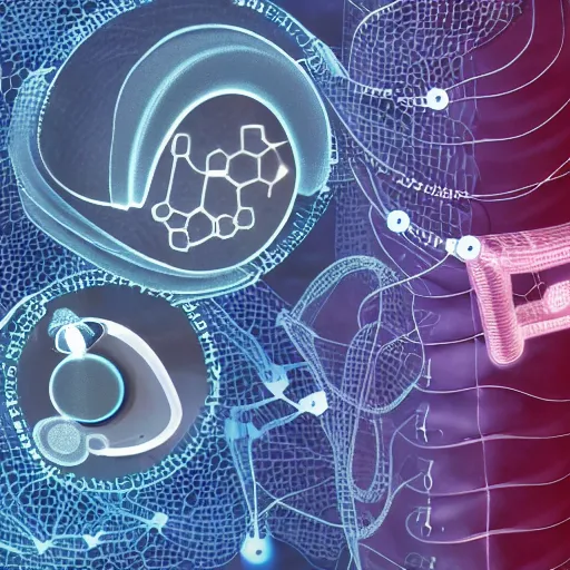 Prompt: a scientific diagram of a biological machine using cellular technology, electrical wires, nanomachines, and organelles connected to microscopic computer chips