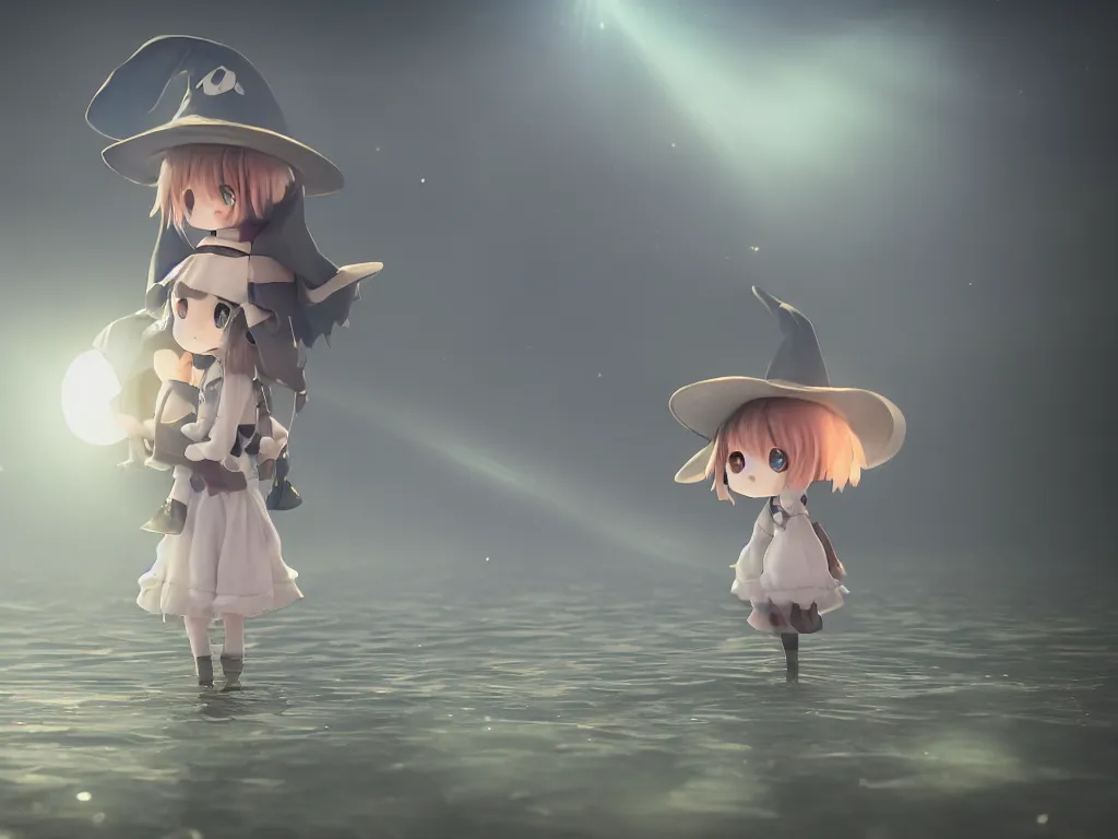 Image similar to cute fumo plush girl witch standing in reflective murky river water, volumetric fog and smoke, light shafts shining through the dusky light, moonglow, lens flare, chibi anime, vray