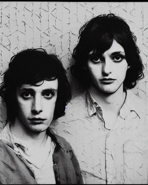 Prompt: an instant photo of two beautiful but sinister young men wearing oxford shirts in layers of fear, with haunted eyes and dark hair, 1 9 7 0 s, seventies, wallpaper, a little blood, morning light showing injuries, delicate embellishments, painterly, offset printing technique, by brom, robert henri, walter popp