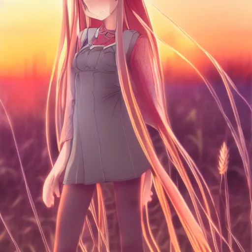 Image similar to anime illustration of Holo from Spice and Wolf standing in a wheat field at sunset, Holo if a wolf girl, high detail, trending on artstation