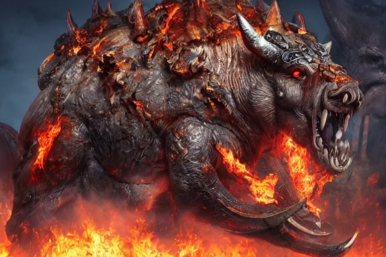 Image similar to immense, colossal demon boar. brutal. with bulging muscles. wearing a silver mesh necklace filled with amber. rampaging across the burning ruins of an ancient city.