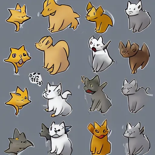 Image similar to golden retriever high fiving 3 gray and white cats in pokemon art style