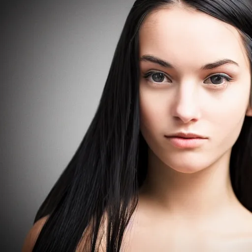 Image similar to young woman with long messy black hair, slightly smiling, 1 3 5 mm nikon portrait