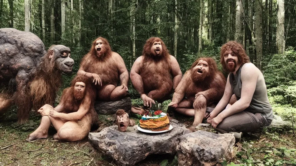 Image similar to photo, three hairy fat neanderthal people, emma!! watson!!, eating outside, surrounded by dinosaurs!, gigantic forest trees, sitting on rocks, bright moon, birthday cake on the ground, front view