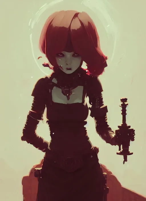 Image similar to portrait of cute gothic psyker girl chained, warhammer 4 0 k, by atey ghailan, by greg rutkowski, by greg tocchini, by james gilleard, by joe gb fenton, by in kaethe butcher, dynamic lighting, gradient light red, brown, blonde cream and white color in scheme, grunge aesthetic