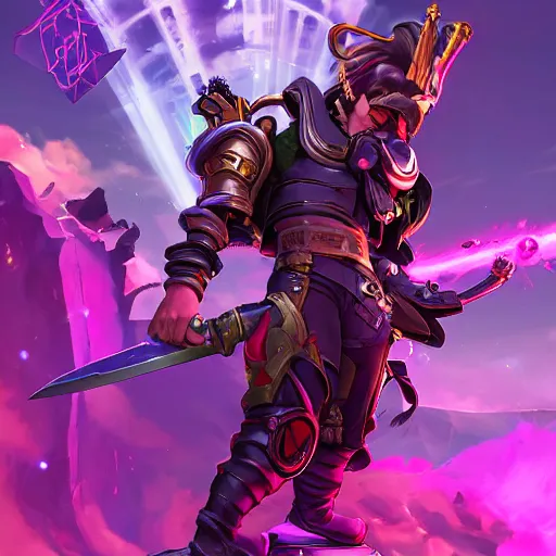 Prompt: a portrait of a young man from league of legends posing with a massive sword and futuristic rocket launcher, junkrat overwatch style, stylized, arcane magic, pink power, vaporwave, volumetric light from above, background by liam wong, art by ross tran + raymond swanland + marc simonetti + greg rutkowski + harumi hironaka