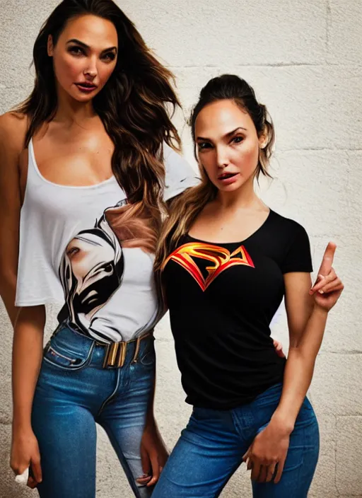 Image similar to portrait of lindsey pelas and gal gadot wearing t shirt in jakarta, by charlotte grimm, natural light, detailed face, beautiful features, symmetrical, canon eos c 3 0 0, ƒ 1. 8, 3 5 mm, 8 k, medium - format print, half body shot