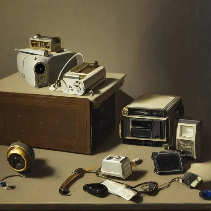 Image similar to still life painting of a retro electronics by pieter claesz, oil on canvas, strong lighting, highly detailed, hyper realism, golden hour, god rays, hd, 4 k