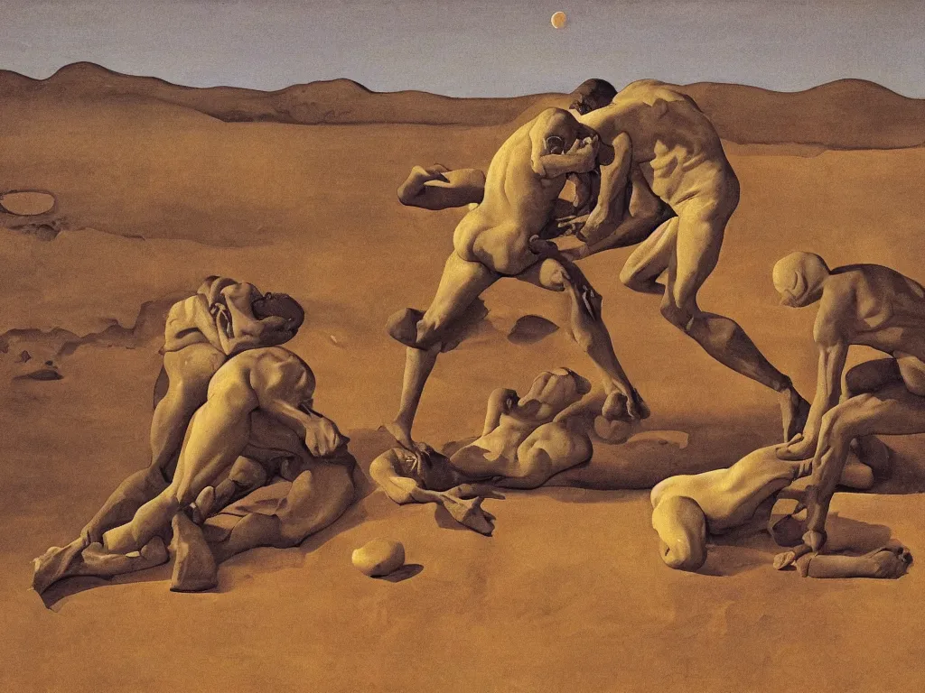 Prompt: Men wrestling in the mud, sculpted by Henri Moore. Moon light alien desert landscape. Painting by Georges de la Tour, Balthus, Roger Dean
