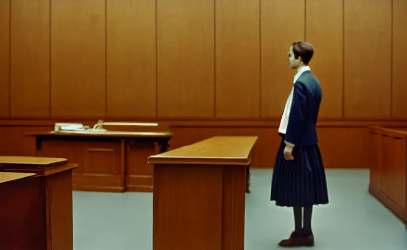 Image similar to a beautiful a man in the skirt in a courtroom, blur, 4 k resolution, ultra detailed by william eggleston