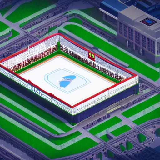 Prompt: Huge hockey arena game illustration, aerial view, isometric Voxel, pixel art, Blizzard, EASports, intricate, elegant, highly detailed, digital painting, artstation, 3d, concept art, smooth, sharp focus, art by Roman Klco and Shadow Run, brightly lit cinematic soft lighting, 4k