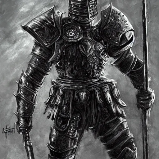 Prompt: a gritty fantasy knight in heavy iron armor holding a large staff, comic book art, fantasy, oil painting, art by jim lee,, dark, moody, dramatic,