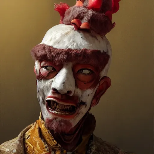 Image similar to scary portrait of an asian man dressed as a chicken, the chicken man, man dressed as a chicken, highly detailed painting by craig mullins, 8 k, man dressed as a chicken