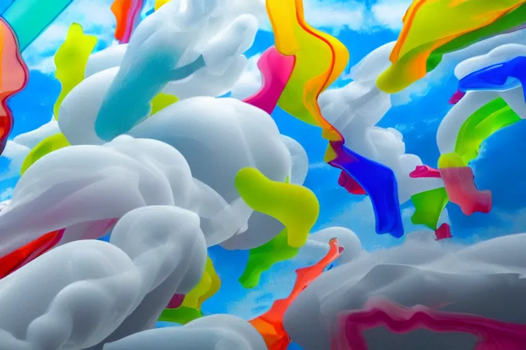 Prompt: a flock of many puffy white transparent clouds tangled into large twisting blobs of colored glass, abstract environment, rockets launching, cruise missile, award winning art, epic dreamlike fantasy landscape, ultra realistic,