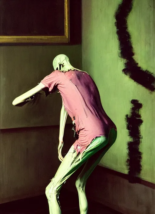 Prompt: an insane, skinny artist wearing torn overalls, expressively twisted body, fighting with a large ghost, depth of field, hauntingly surreal, highly detailed oil painting, by francis bacon, edward hopper, adrian ghenie, glenn brown, soft light 4 k, pink and green colour palette, cinematic composition, cinematic lighting, high quality octane render