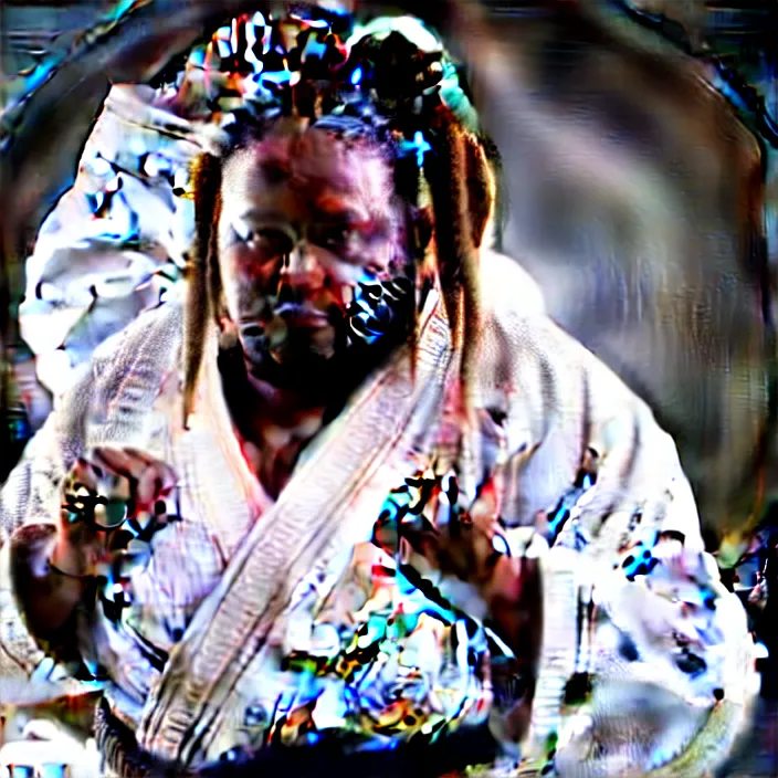 Image similar to photo of an overweight black man with dreads wearing a gi, doing martial arts, 4 k