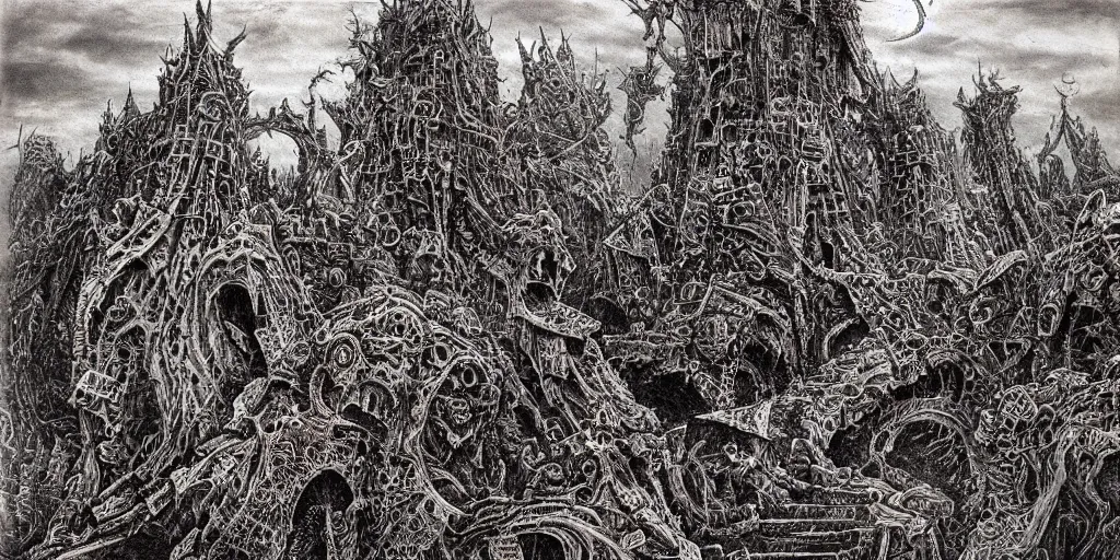 Image similar to ian miller, realms of chaos, landscape, terrifying, ultra detailed