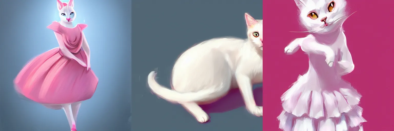 Prompt: white cat in a pink dress, digital painting, artstation, concept art