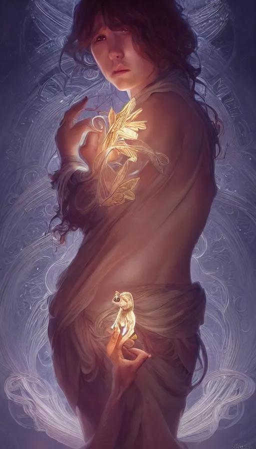 Image similar to small light magical creature, fibonacci, sweat drops, insane, intricate, highly detailed, digital painting, artstation, concept art, smooth, sharp focus, illustration, Unreal Engine 5, 8K, art by artgerm and greg rutkowski and alphonse mucha