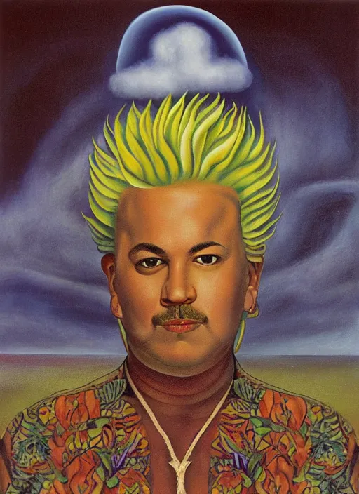 Image similar to 8 0 s new age album cover depicting a mushroom cloud in the shape of guy fieri, very peaceful mood, oil on canvas by frida kahlo