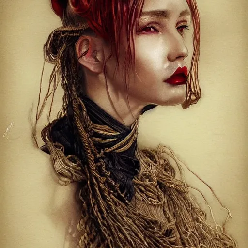 Image similar to portrait of a Shibari rope wrapped face and neck, headshot, insanely nice professional hair style, dramatic hair color, digital painting, of a old 18th century, traveler, amber jewels, baroque, ornate clothing, scifi, realistic, hyperdetailed, chiaroscuro, concept art, art by Franz Hals and Jon Foster and Ayami Kojima and Amano and Karol Bak,