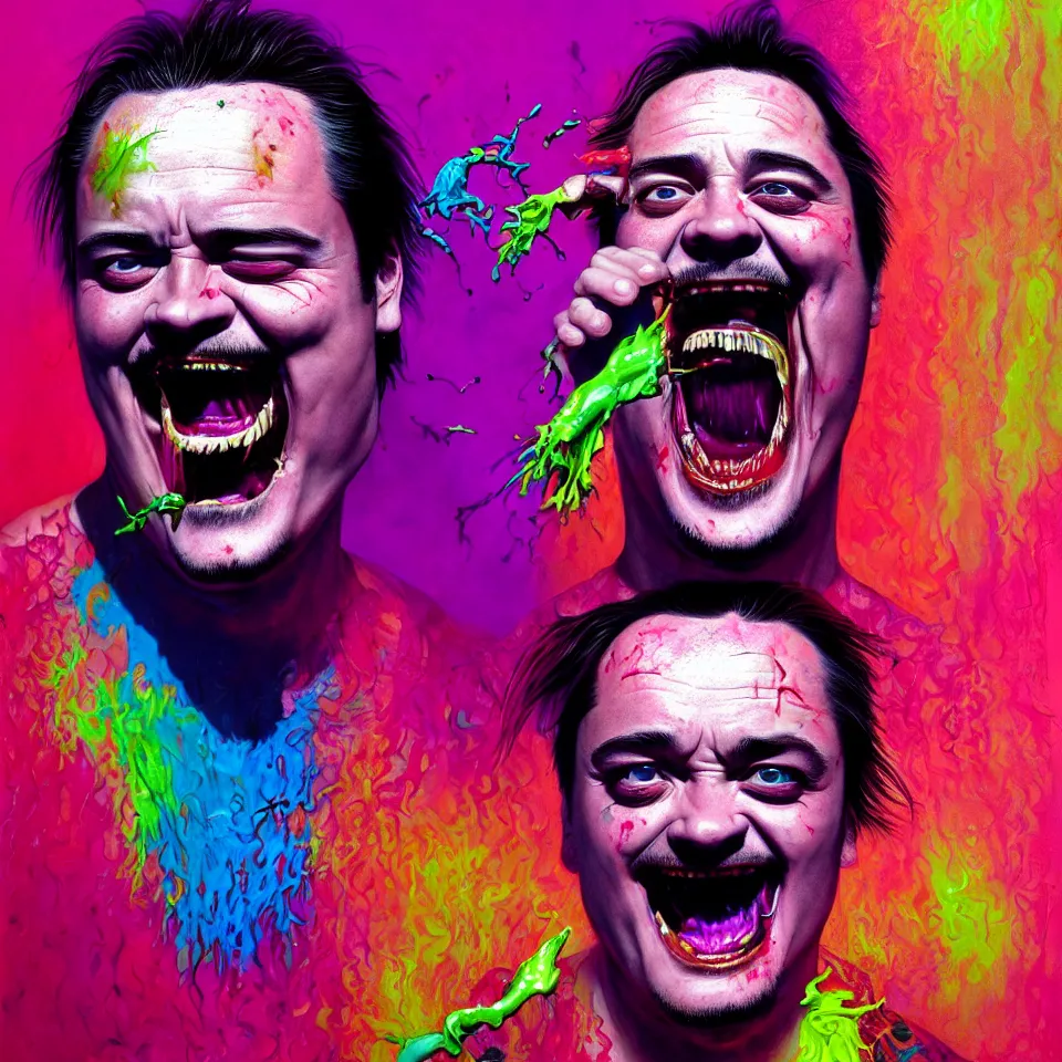 Image similar to bright psychedelic mike patton eating rotten flesh, smiling and puking, diffuse lighting, fantasy, intricate, elegant, highly detailed, lifelike, photorealistic, digital painting, artstation, illustration, concept art, smooth, sharp focus, art by francis bacon