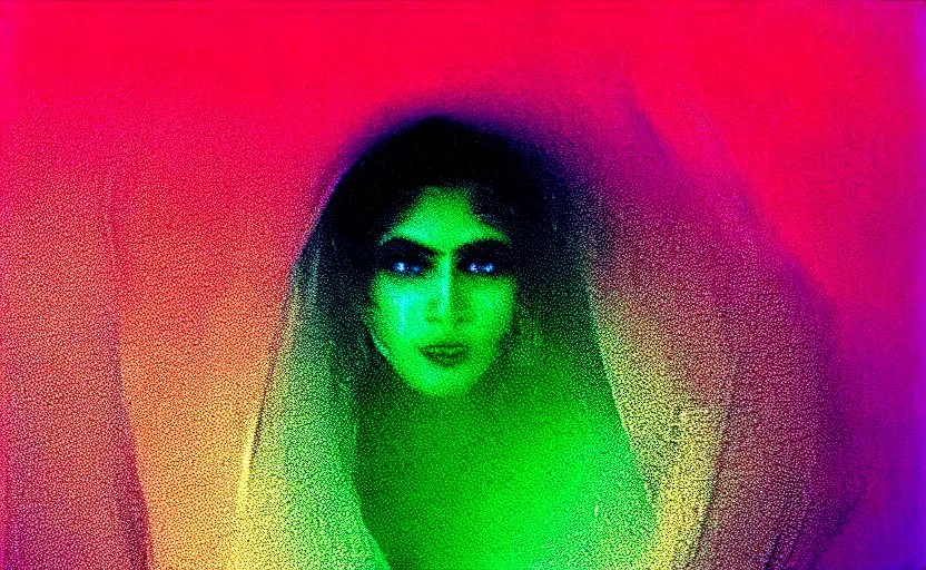 Prompt: vhs glitch art of a beautiful full body voluptuous indian woman hidden underneath a sheet, lost in static, metaphysical foggy environment, static colorful noise glitch volumetric light, unsettling moody vibe, vcr tape, 1 9 8 0 s analog video, vaporwave aesthetic, directed by david lynch, colorful static, datamosh, pixeled stretching