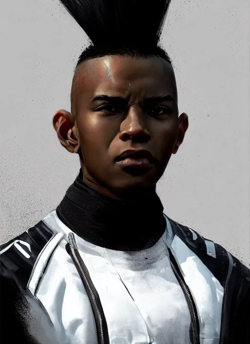 Prompt: portrait of a young black man with a mohawk and a solid black eyes, wearing futuristic techwear highly detailed, digital painting, artstation, concept art, smooth, sharp focus, illustration, art by wlop, uang guangjian and gil elvgren and sachin teng and greg rutkowski