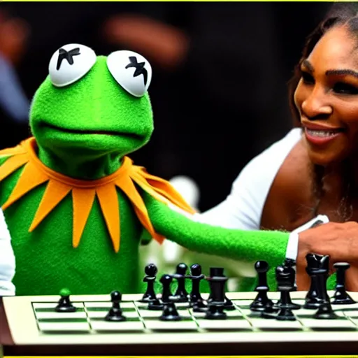 Prompt: Kermit the frog playing chess with Serena Williams photo 4k hd