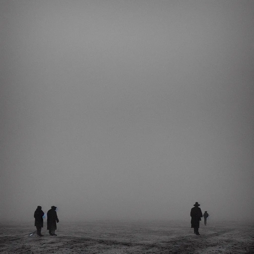 Image similar to photo of shiprock, new mexico during a snowstorm. a old man in a trench coat and a cane appears as a hazy silhouette in the distance, looking back over his shoulder. cold color temperature. blue hour morning light, snow storm. hazy atmosphere. humidity haze. kodak ektachrome, greenish expired film, award winning, low contrast,