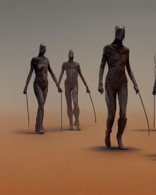 Prompt: group of fremen walking through the desert, retrofuturism sci - fi old movie, highly detailed, photorealistic, 8 k, by beksinski and stalenhag