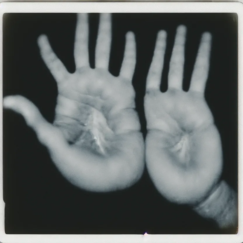 Image similar to close - up photo of a dismembered hand taken with a polaroid