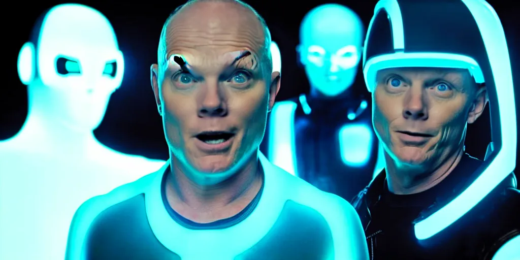 Image similar to a film still of Bill burr in Tron, high quality