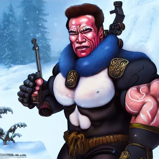 Image similar to a screenshot of arnold schwarzenegger as mei in the snow shooting frost gun in overwatch, portrait, fantasy, beautiful face, vivid colors, elegant, concept art, sharp focus, digital art, hyper - realistic, 4 k, unreal engine, highly detailed, hd, dramatic lighting by brom, trending on artstation