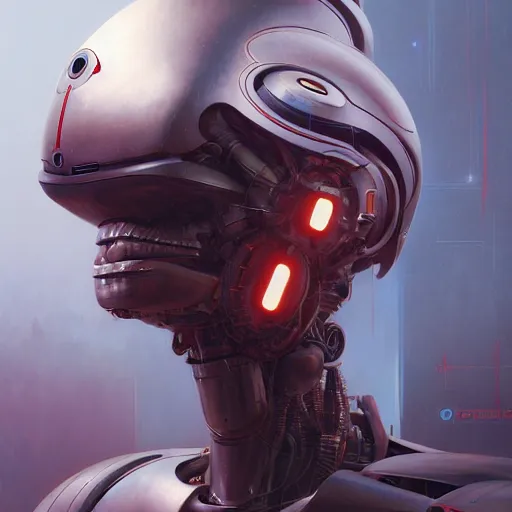 Image similar to expressive digital concept art portrait of a high - tech robot on a depth of field background, artstation, award - winning realistic sci - fi concept art by jim burns and greg rutkowski, beksinski, a realism masterpiece, expressive color palette, james gilleard, bruegel, alphonse mucha, and yoshitaka amano