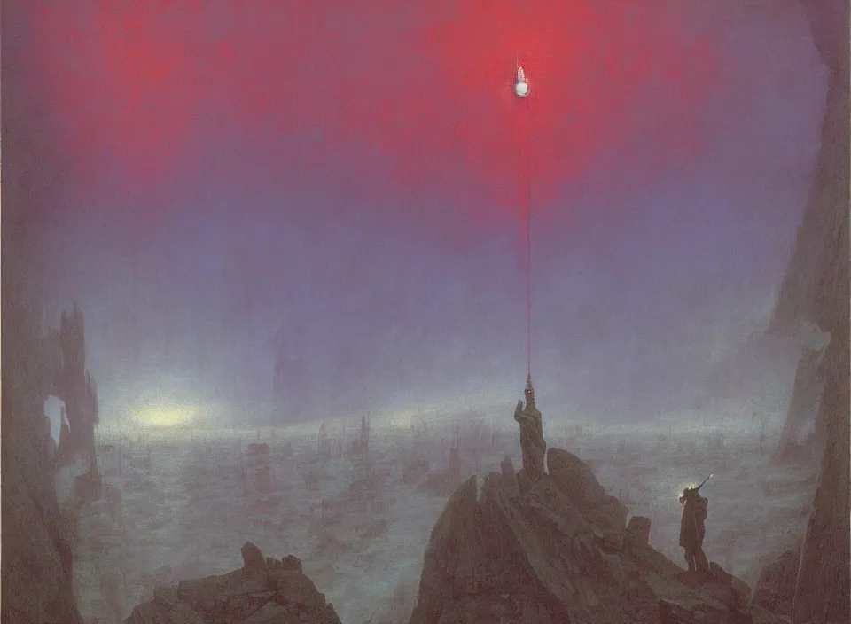 Image similar to the blind liberty of the few, red and purple palette, volume light, fog, by caspar david friedrich by ( h. r. giger ) and paul lehr