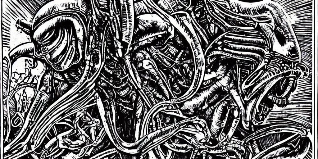 Image similar to alien xenomorph in the style of HR Giger, woodcut, movie scene