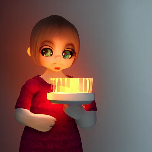 Image similar to A cute girl holding a glowing candle, fragile, soft, vray, hyperdetailed, 3d character, game character