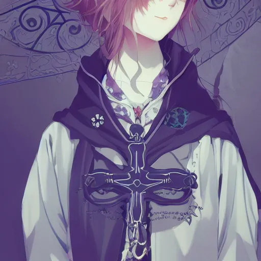 Image similar to violet evergarden, kyoto animation key, techwear occultist, chaos magick, leviathan cross, androgynous, beautiful, detailed symmetrical close up portrait, intricate complexity, in the style of artgerm and ilya kuvshinov, cel shaded