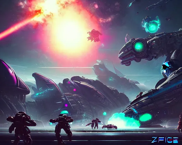 Prompt: artgerm, artstation, massive science fiction battlefield, mech machines firing at Kaiju bug monsters, people in space armor shooting neon lasers, destroyed buildings in the background, zerg StarCraft