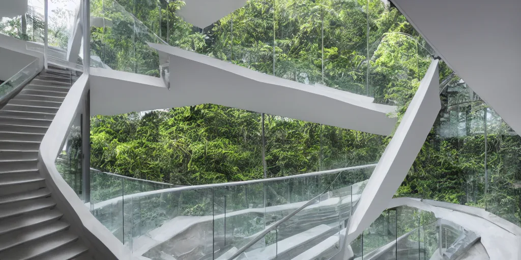 Prompt: Architectural photography of beautiful nature meets architecture building by Bawa, in a tropical forest, volumetric lighting,, luxury, clear glass wall, white concrete, deck, railing, external staircases, terrace, high detail, 14mm, cinematic photography, archdaily, high resolution