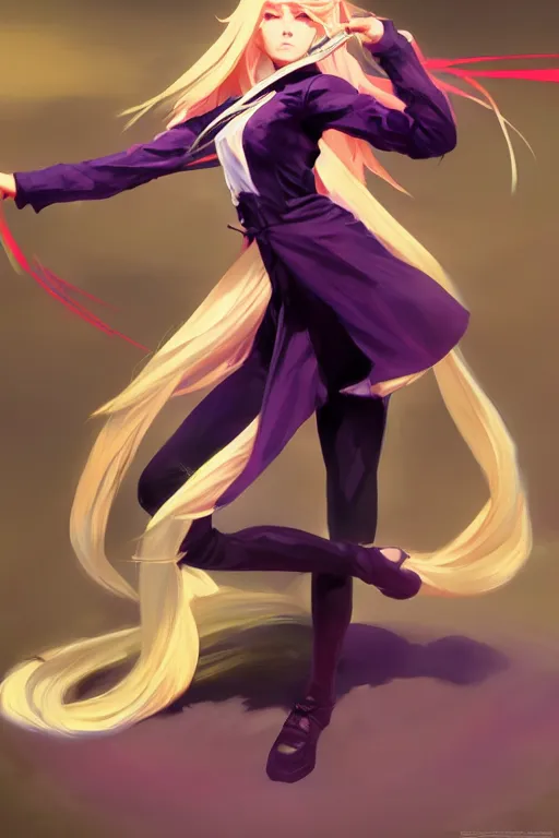 Image similar to fighter anime girl with purple eyes, long blonde hair wearing a tuxedo in a fighting stance, digital painting, artstation, concept art, soft light, hdri, smooth, sharp focus, illustration, art by tian zi and craig mullins and WLOP and alphonse mucha