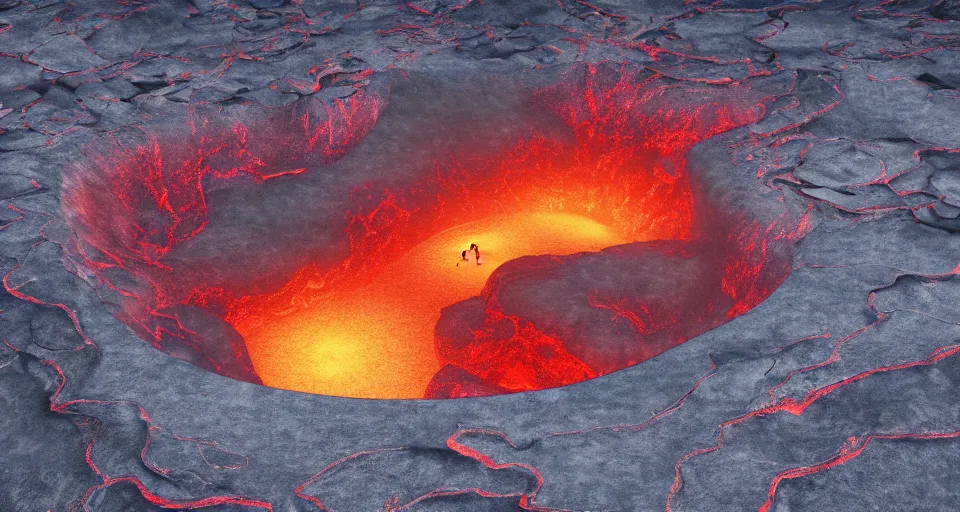 Image similar to swimming pool inside a volcano. Instead of water, there is lava and people are swimming and playing inside. 4k, high detail, volumetric lighting