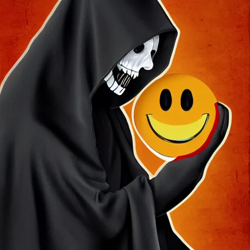 Image similar to the grim reaper pulls down his hood, showing that his head is the smiling face emoji, digital art, 4 k,