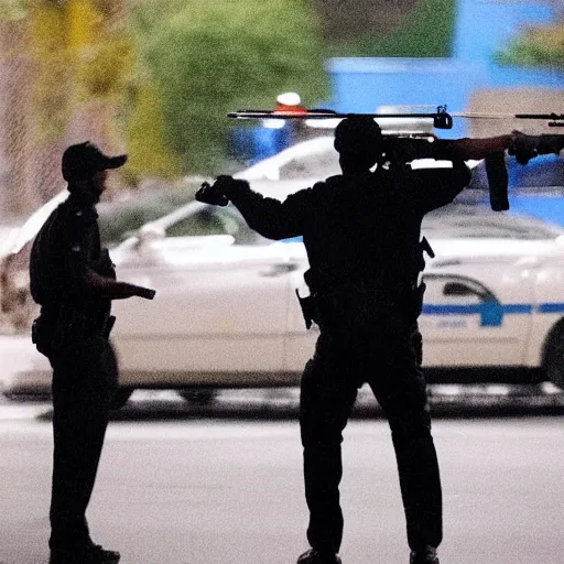 Prompt: cop shooting man holding bottle of water