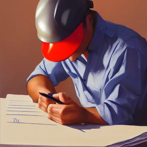 Image similar to a worker wearing a hardhat writing in a notepad with a calculator, by rhads, 3 d